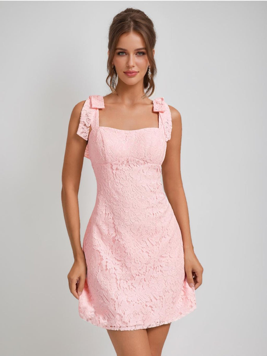 Sheath/Column Square Sleeveless Lace Mini Dresses Short Homecoming Dresses with Bow