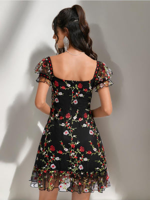 A-Line/Princess Square Puff Sleeves Ruffle Short Homecoming Dresses with Embroidery