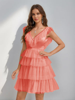 A-Line/Princess V-Neck Tulle Short/Mini Homecoming Dresses with Ruffles