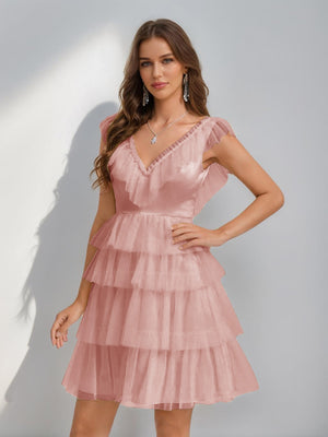 A-Line/Princess V-Neck Tulle Short/Mini Homecoming Dresses with Ruffles
