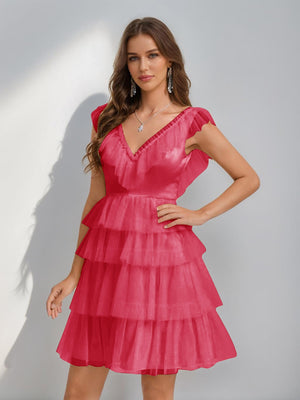 A-Line/Princess V-Neck Tulle Short/Mini Homecoming Dresses with Ruffles