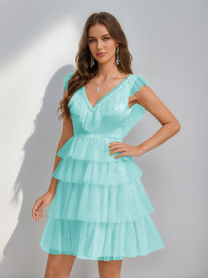 A-Line/Princess V-Neck Tulle Short/Mini Homecoming Dresses with Ruffles