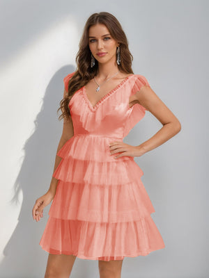 A-Line/Princess V-Neck Tulle Short/Mini Homecoming Dresses with Ruffles