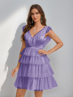 A-Line/Princess V-Neck Tulle Short/Mini Homecoming Dresses with Ruffles