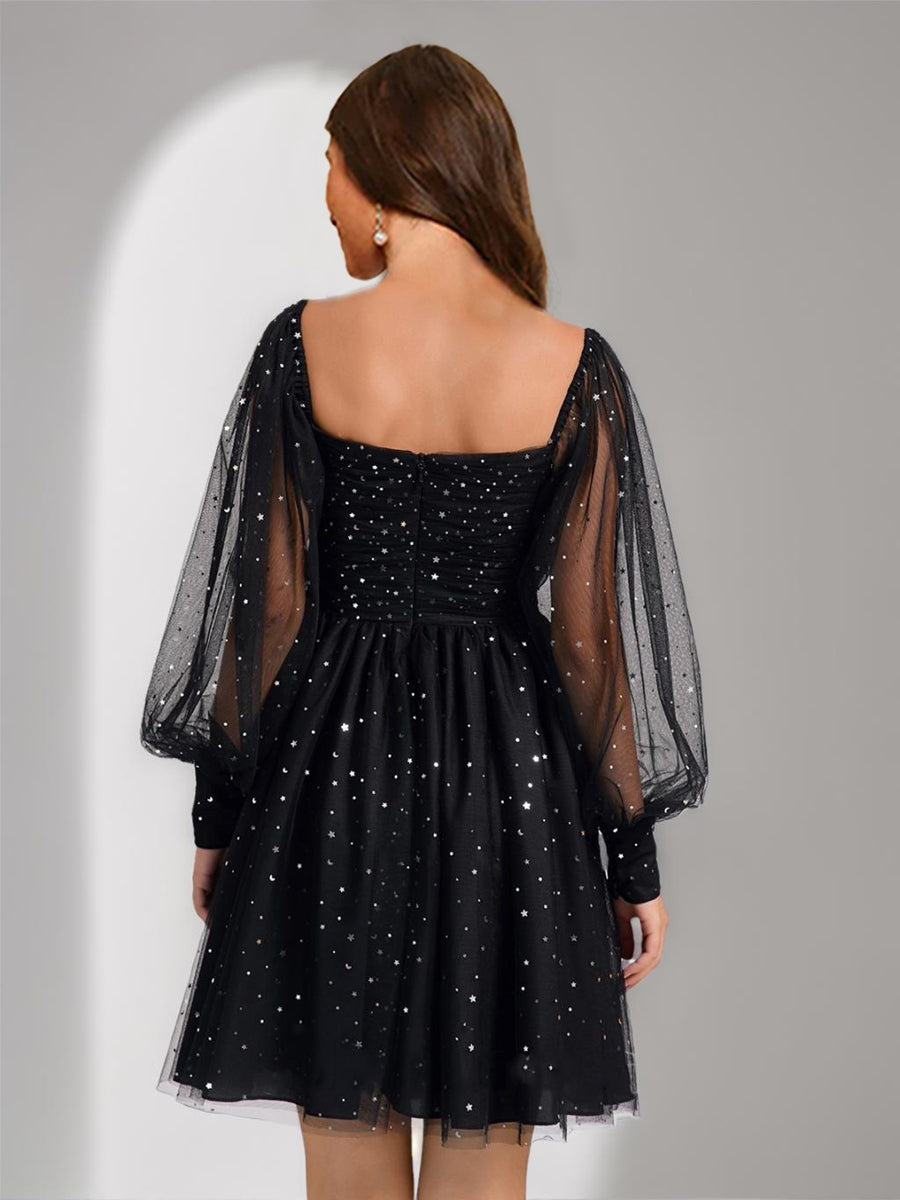 A-Line/Princess Square Long Sleeves Tulle Short Homecoming Dresses with Sequins