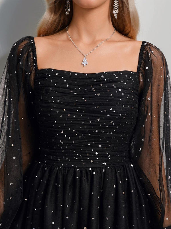 A-Line/Princess Square Long Sleeves Tulle Short Homecoming Dresses with Sequins