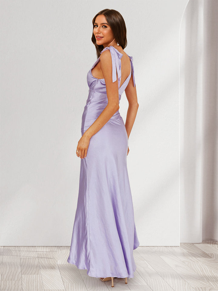 Trumpet/Mermaid V-Neck Asymmetrical Wedding Guest Dresses with Bow &amp; Ruffles