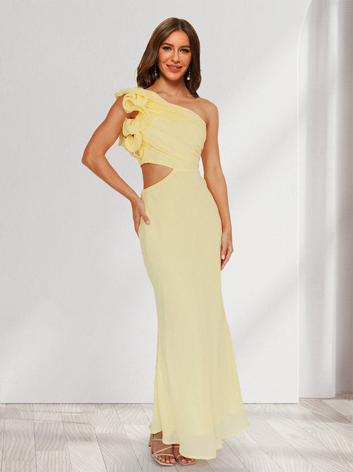 Trumpet/Mermaid One-Shoulder Long Ruched Wedding Guest Dresses with Ruffles & Flower