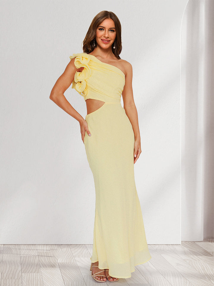 Trumpet/Mermaid One-Shoulder Long Ruched Wedding Guest Dresses with Ruffles &amp; Flower