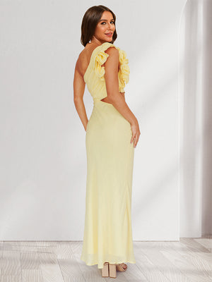 Trumpet/Mermaid One-Shoulder Long Ruched Wedding Guest Dresses with Ruffles & Flower