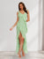 Sheath/Column V-Neck Sleeveless Asymmetrical Ruffled Wedding Guest Dresses with Watteau Train
