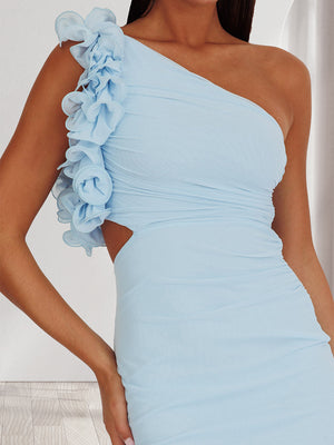 Sheath/Column One-Shoulder Tea-Length Wedding Guest Dresses with Ruffles & Cut-out