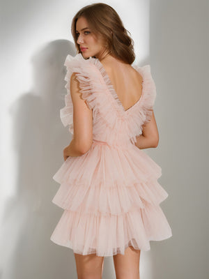 A Line V-Neck Tulle Ruffled Short/Mini Homecoming Dresses with Pleats