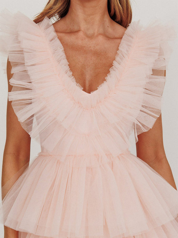 A Line V-Neck Tulle Ruffled Short/Mini Homecoming Dresses with Pleats