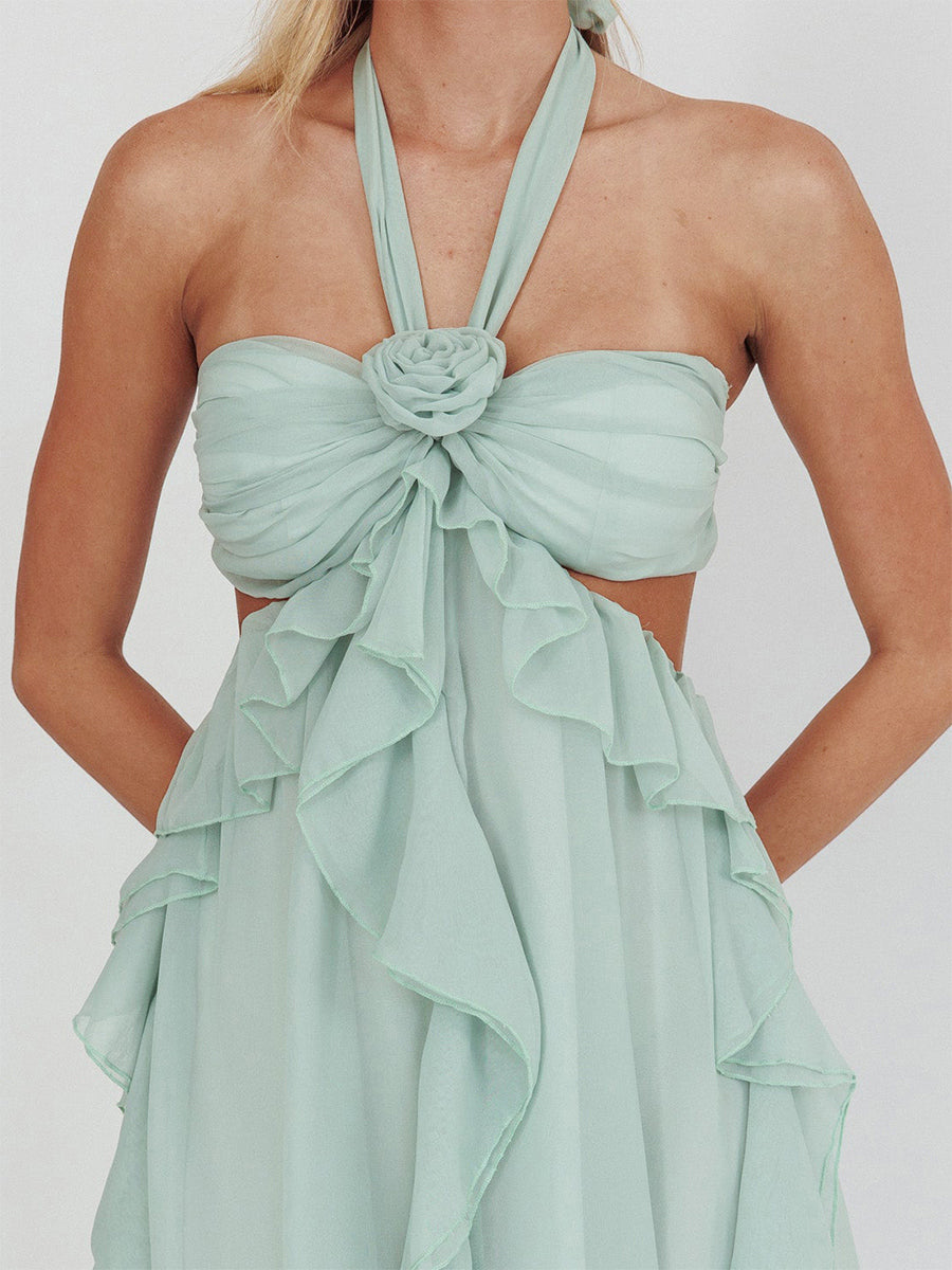 A-Line/Princess Halter Short/Mini Homecoming Dresses with Ruffles &amp; Flower &amp; Cut-out