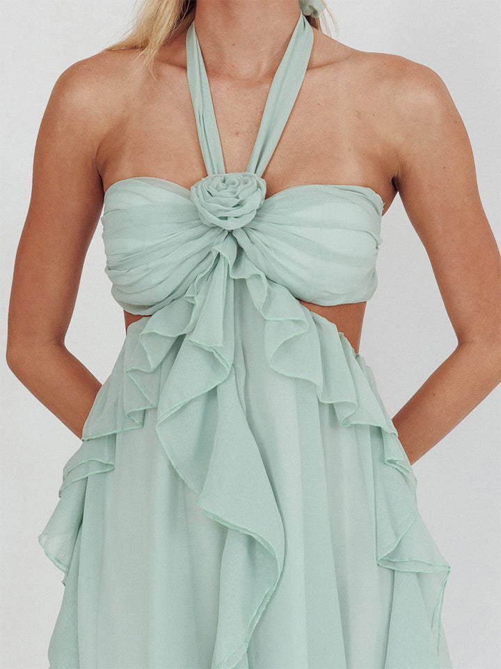A-Line/Princess Halter Short/Mini Homecoming Dresses with Ruffles &amp; Flower &amp; Cut-out