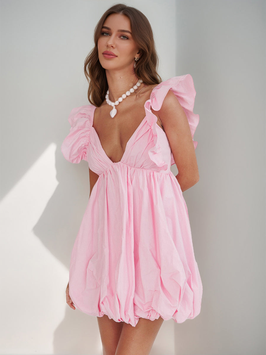Ball Gown V-Neck Puff Sleeves Short/Mini Pleated Homecoming Dresses with Ruffles