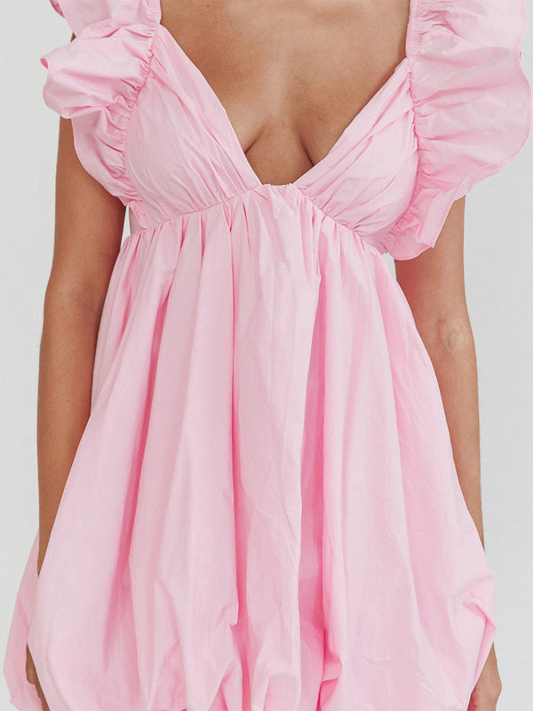 Ball Gown V-Neck Puff Sleeves Short/Mini Pleated Homecoming Dresses with Ruffles