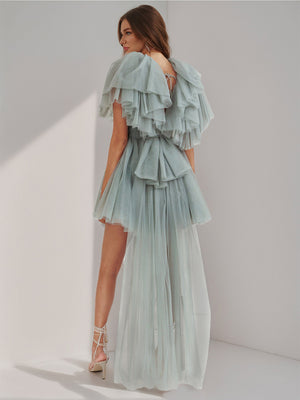 A-Line/Princess V-Neck Short Sleeves Homecoming Dresses with Ruffles & Watteau Train