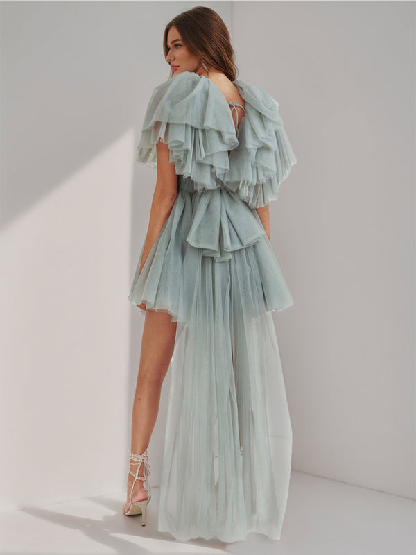 A-Line/Princess V-Neck Short Sleeves Homecoming Dresses with Ruffles & Watteau Train