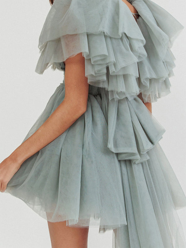 A-Line/Princess V-Neck Short Sleeves Homecoming Dresses with Ruffles & Watteau Train