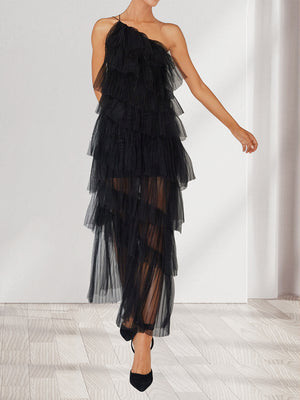 A-Line/Princess Tulle One Shoulder Maxi Wedding Guest Dresses with Tiered Ruffles