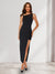 Sheath/Column Asymmetrical Neck Long Ruched Wedding Guest Dresses with Split Side