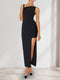 Sheath/Column Asymmetrical Neck Long Ruched Wedding Guest Dresses with Split Side