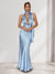 Trumpet/Mermaid Halter Sleeveless Sexy Wedding Guest Dresses with Watteau Train