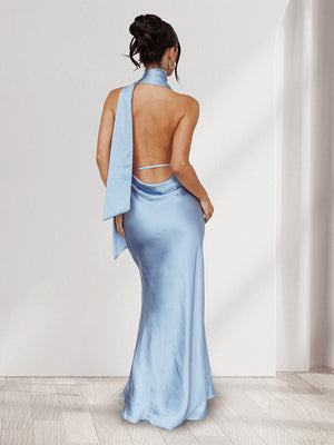 Trumpet/Mermaid Halter Sleeveless Sexy Wedding Guest Dresses with Watteau Train