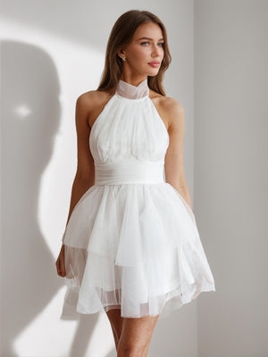 A-Line/Princess Halter Tulle Short/Mini Simple Homecoming Dresses with Pleats