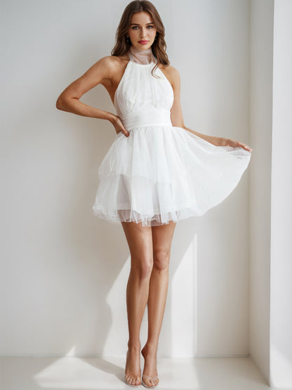 A-Line/Princess Halter Tulle Short/Mini Simple Homecoming Dresses with Pleats