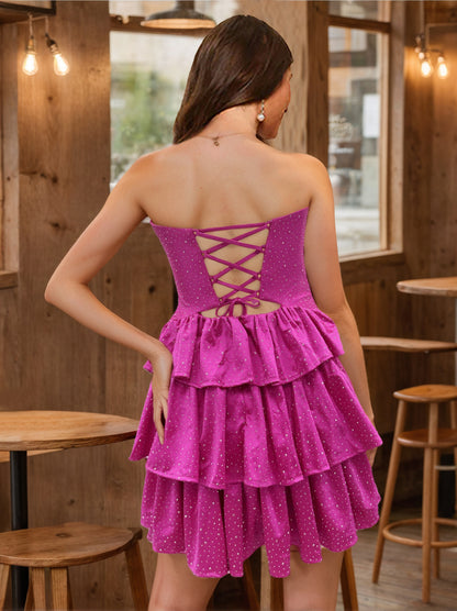 A-Line/Princess Strapless Short Homecoming Dresses with Beadings & Tiered Ruffles