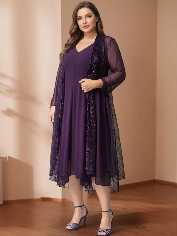 Sparkly Chiffon A-Line/Princess V-Neck Long Sleeves Tea-Length Mother of the Bride Dresses