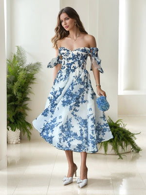 A-Line/Princess Off-the-Shoulder Sleeveless Tea-Length Floral Prom Dresses