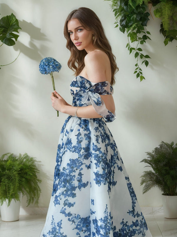 A-Line/Princess Off-the-Shoulder Sleeveless Tea-Length Floral Prom Dresses