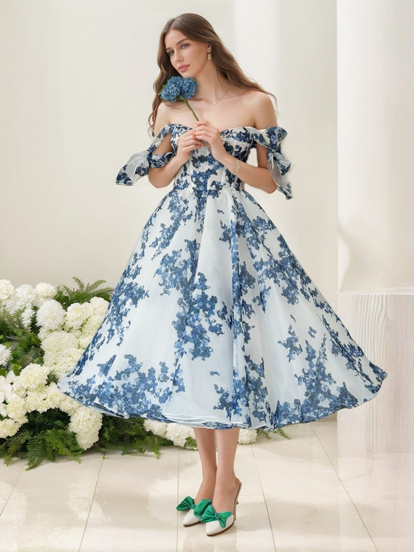 A-Line/Princess Off-the-Shoulder Sleeveless Tea-Length Floral Prom Dresses