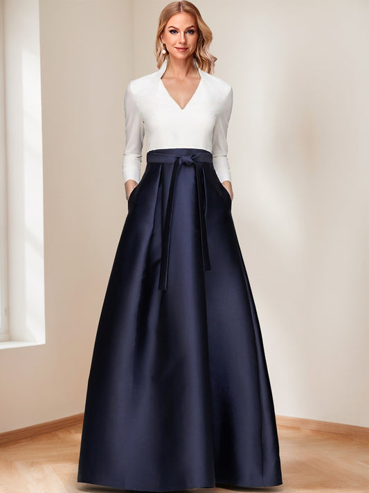 Elegant A-Line/Princess V-Neck Long Sleeves Floor Length Mother of the Bride Dresses with Pockets & Bow