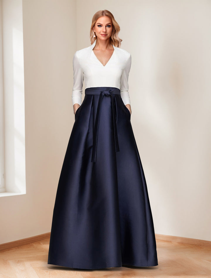 Elegant A-Line/Princess V-Neck Long Sleeves Floor Length Mother of the Bride Dresses with Pockets &amp; Bow