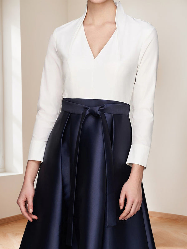 Elegant A-Line/Princess V-Neck Long Sleeves Floor Length Mother of the Bride Dresses with Pockets & Bow