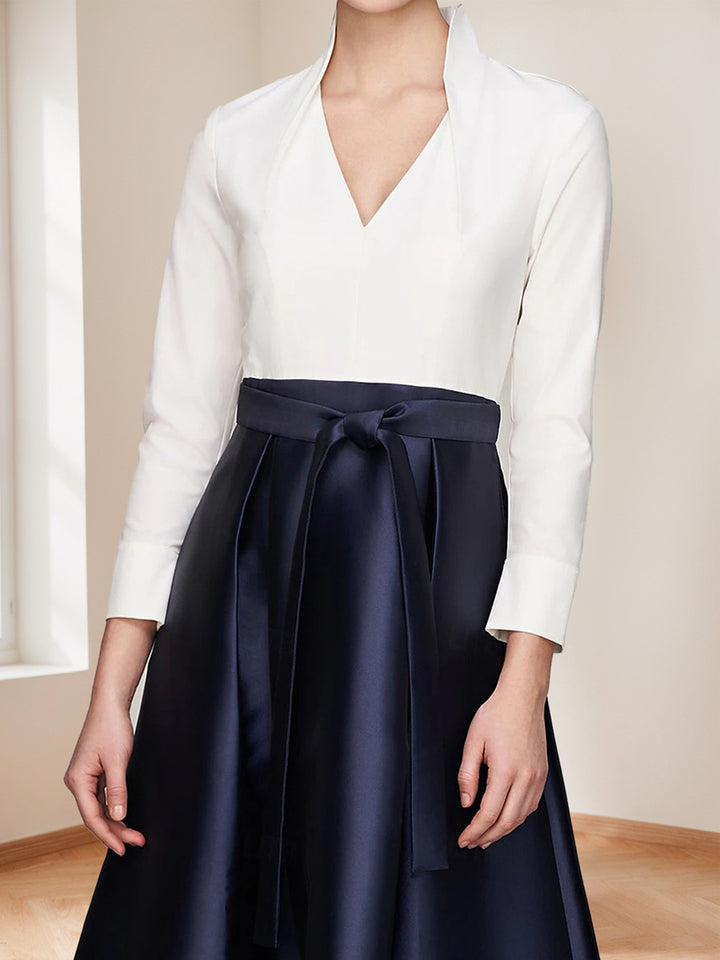 Elegant A-Line/Princess V-Neck Long Sleeves Floor Length Mother of the Bride Dresses with Pockets &amp; Bow