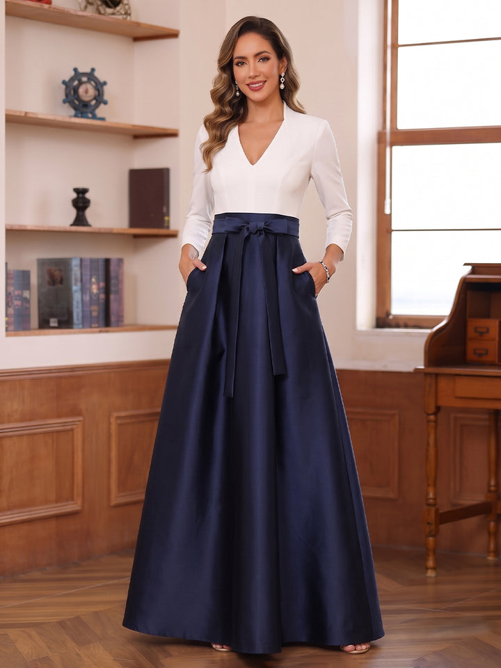 A-Line/Princess Long Sleeves V-Neck Floor Length Mother of the Bride Dresses with Pockets &amp; Bow