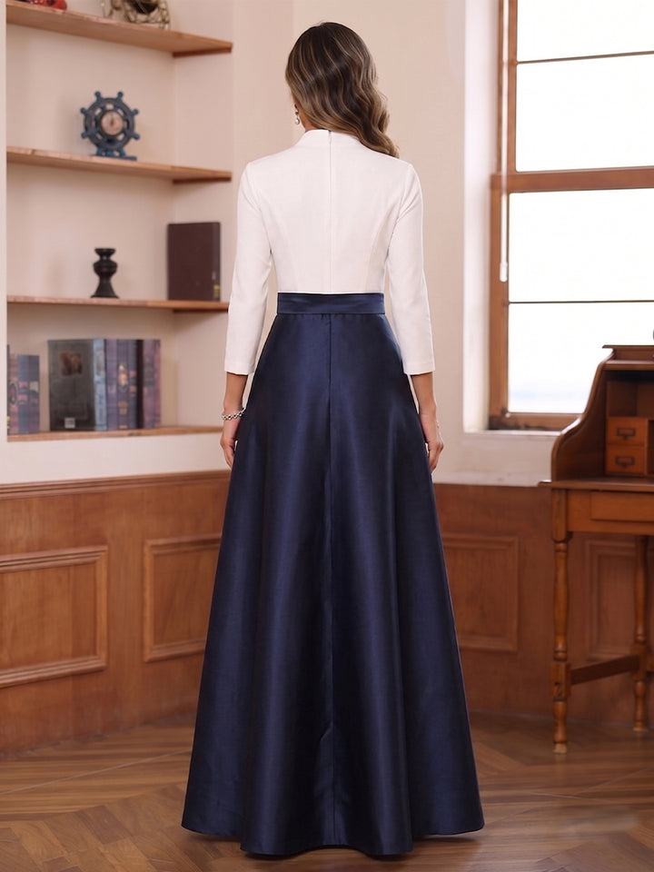 A-Line/Princess Long Sleeves V-Neck Floor Length Mother of the Bride Dresses with Pockets &amp; Bow