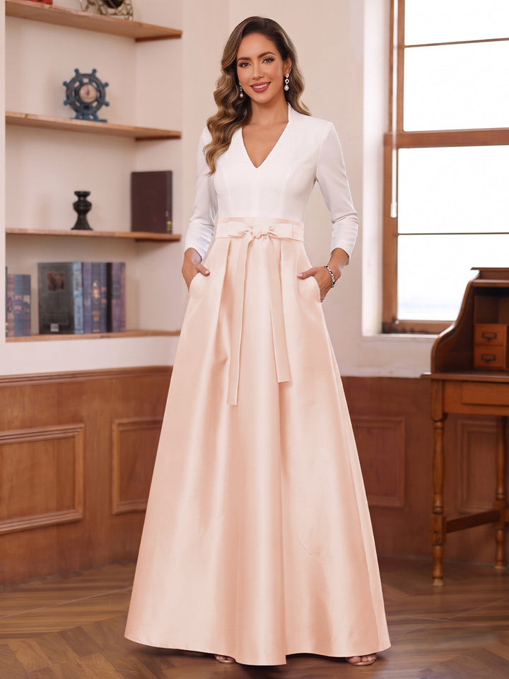 A-Line/Princess Long Sleeves V-Neck Floor Length Mother of the Bride Dresses with Pockets &amp; Bow