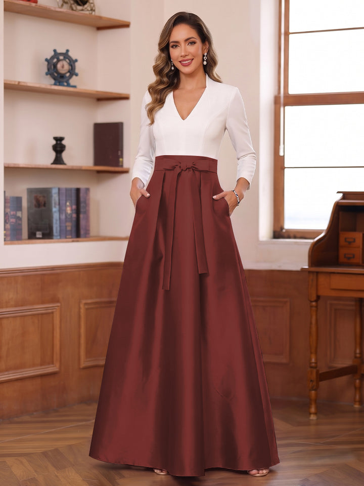 A-Line/Princess Long Sleeves V-Neck Floor Length Mother of the Bride Dresses with Pockets &amp; Bow