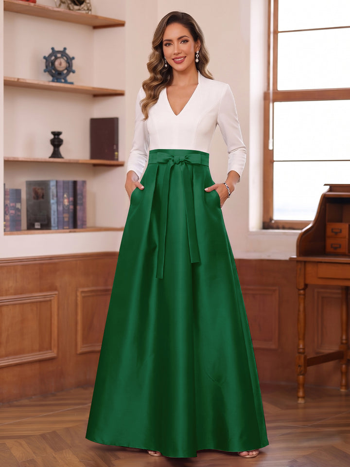A-Line/Princess Long Sleeves V-Neck Floor Length Mother of the Bride Dresses with Pockets &amp; Bow