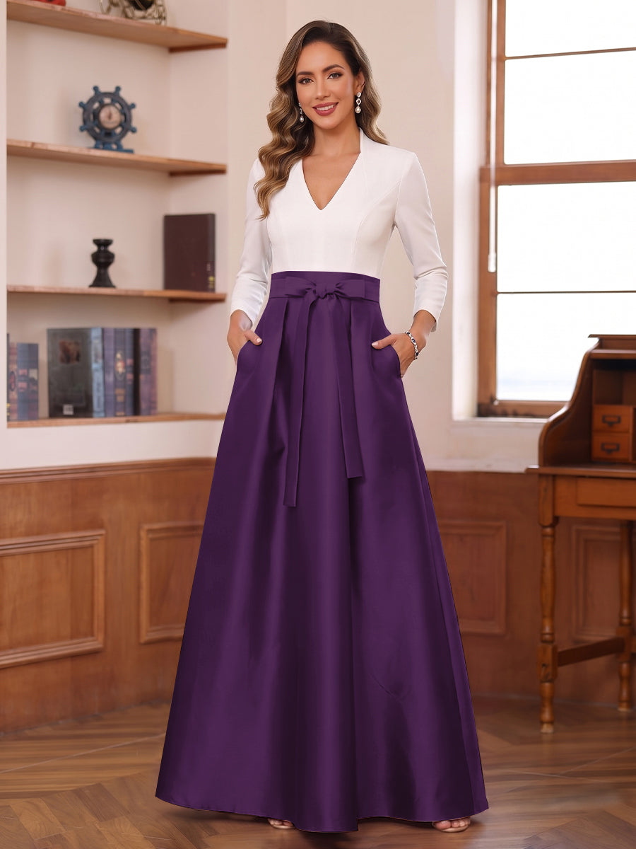 A-Line/Princess Long Sleeves V-Neck Floor Length Mother of the Bride Dresses with Pockets &amp; Bow