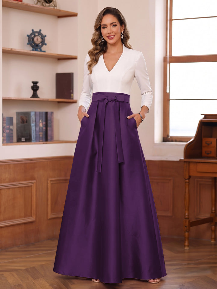 A-Line/Princess Long Sleeves V-Neck Floor Length Mother of the Bride Dresses with Pockets &amp; Bow