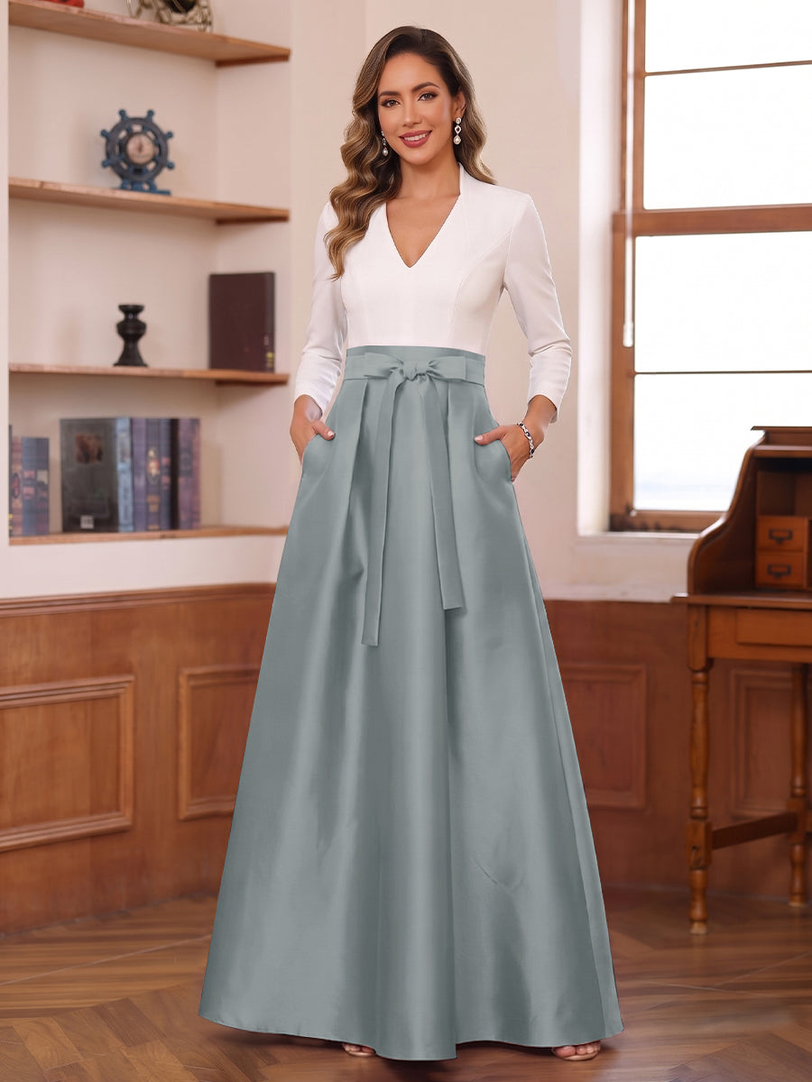 A-Line/Princess Long Sleeves V-Neck Floor Length Mother of the Bride Dresses with Pockets &amp; Bow