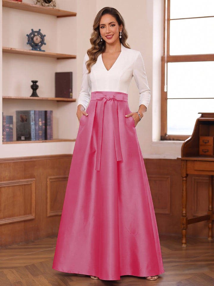 A-Line/Princess Long Sleeves V-Neck Floor Length Mother of the Bride Dresses with Pockets &amp; Bow